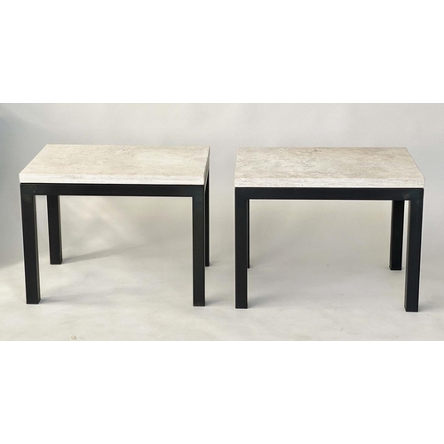 236 - LAMP TABLES, a pair, 1970s style rectangular travertine on lacquered metal supports, 52cm D x 77cm W... 