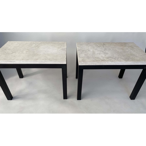 236 - LAMP TABLES, a pair, 1970s style rectangular travertine on lacquered metal supports, 52cm D x 77cm W... 