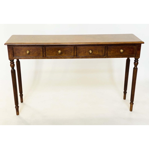 73 - HALL TABLE, George III design burr walnut and crossbanded with four short frieze drawers and turned ... 
