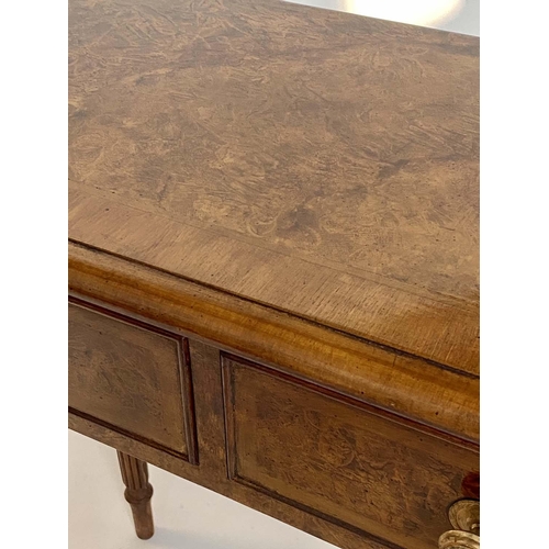 73 - HALL TABLE, George III design burr walnut and crossbanded with four short frieze drawers and turned ... 