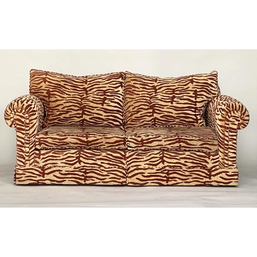 99 - SOFA, Howard style terracotta patterned chenille velvet with feather filled seat and back cushions, ... 