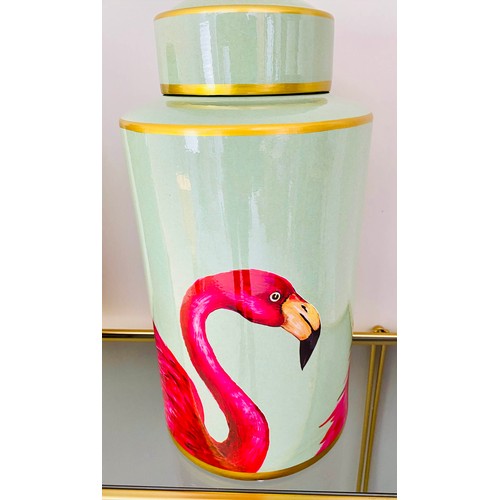 252 - GINGER JARS, pair, 40cm high, 20cm diameter, glazed ceramic, flamingo design. (2)