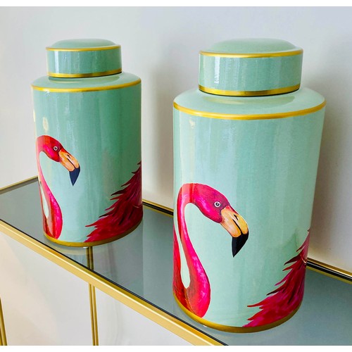 252 - GINGER JARS, pair, 40cm high, 20cm diameter, glazed ceramic, flamingo design. (2)