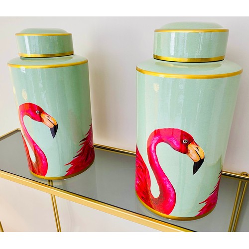 252 - GINGER JARS, pair, 40cm high, 20cm diameter, glazed ceramic, flamingo design. (2)