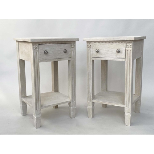 102 - BEDSIDE/LAMP TABLES, a pair, French traditionally grey painted each carved with frieze drawer and un... 