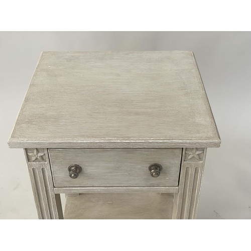 102 - BEDSIDE/LAMP TABLES, a pair, French traditionally grey painted each carved with frieze drawer and un... 