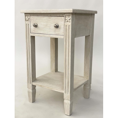 102 - BEDSIDE/LAMP TABLES, a pair, French traditionally grey painted each carved with frieze drawer and un... 