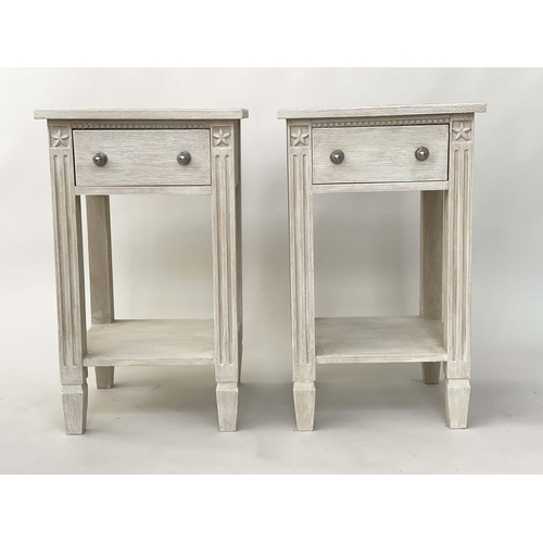 102 - BEDSIDE/LAMP TABLES, a pair, French traditionally grey painted each carved with frieze drawer and un... 