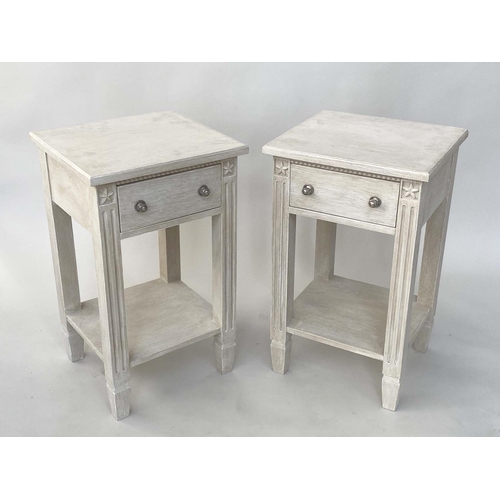 102 - BEDSIDE/LAMP TABLES, a pair, French traditionally grey painted each carved with frieze drawer and un... 