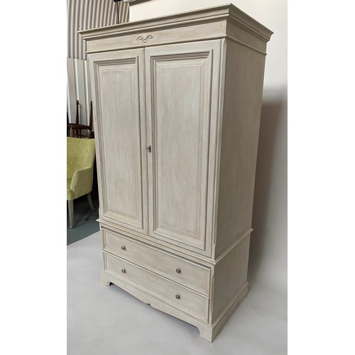 92 - ARMOIRE, French style traditionally grey painted with two panelled doors above two long drawers, 185... 