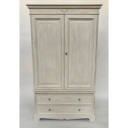 92 - ARMOIRE, French style traditionally grey painted with two panelled doors above two long drawers, 185... 