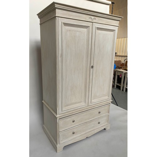 92 - ARMOIRE, French style traditionally grey painted with two panelled doors above two long drawers, 185... 