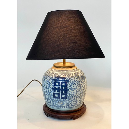 242 - TABLE LAMPS, a pair, Chinese blue and white ceramic of jar form with wooden bases, 48cm H. (2)