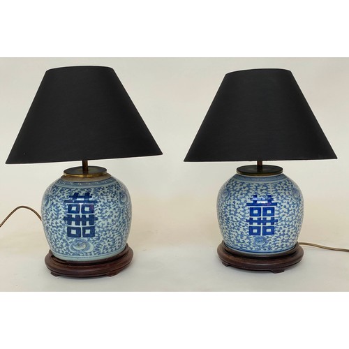 242 - TABLE LAMPS, a pair, Chinese blue and white ceramic of jar form with wooden bases, 48cm H. (2)