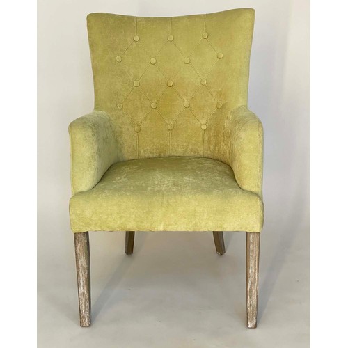 240 - ARMCHAIR, traditional green velvet chenille and buttoned upholstered with lime oak supports, 62cm W.