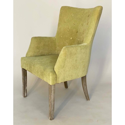 240 - ARMCHAIR, traditional green velvet chenille and buttoned upholstered with lime oak supports, 62cm W.