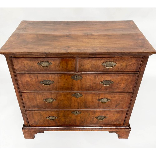 75 - CHEST, early 18th century English Queen Anne figured walnut with two short above three long drawers,... 