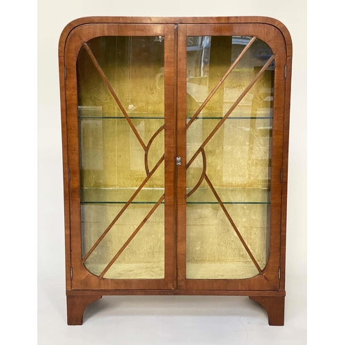 174 - ART DECO DISPLAY CABINET, burr walnut with two glazed panelled doors enclosing shelves, 89cm x 123cm... 