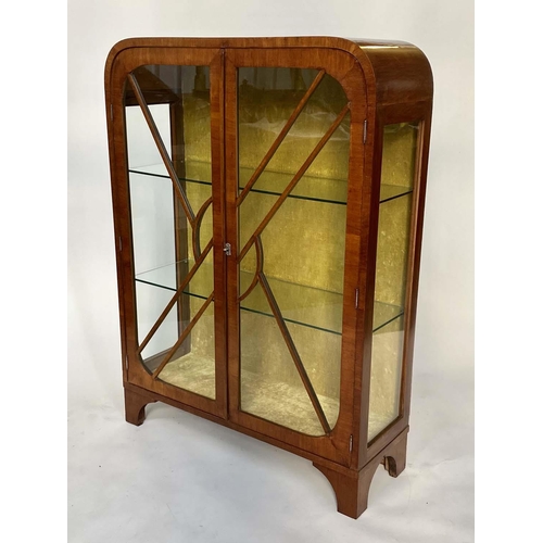 174 - ART DECO DISPLAY CABINET, burr walnut with two glazed panelled doors enclosing shelves, 89cm x 123cm... 