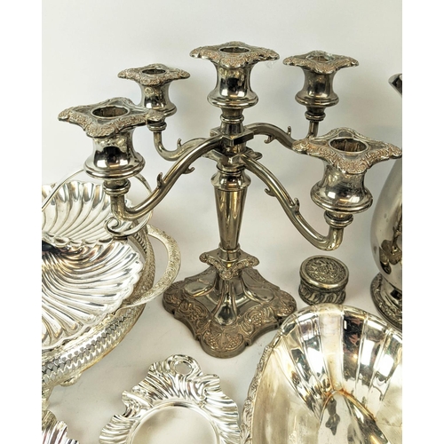 14 - COLLECTION OF SILVER PLATED ITEMS, comprising candelabra, tea service trays, dishes, punch cups, mug... 