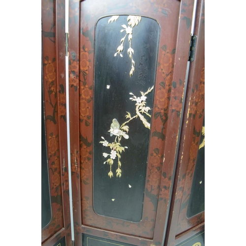2 - MEIJI FOUR FOLD LACQUER SCREEN, with Shibayama inlay depicting finches perched and in flight, 120cm ... 