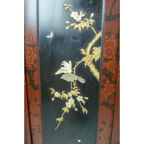 2 - MEIJI FOUR FOLD LACQUER SCREEN, with Shibayama inlay depicting finches perched and in flight, 120cm ... 