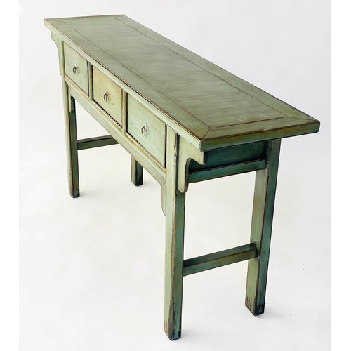 88 - CHINESE HALL/CONSOLE TABLE, green lacquered and silvered metal mounted with three frieze drawers, 16... 