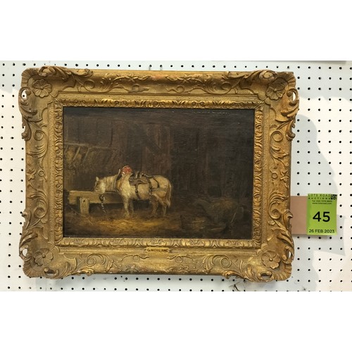 45 - AFTER GEORGE MORLAND (British, 1763-1804), oil on panel, gilt wood framed, 'Donkey in stable interio... 