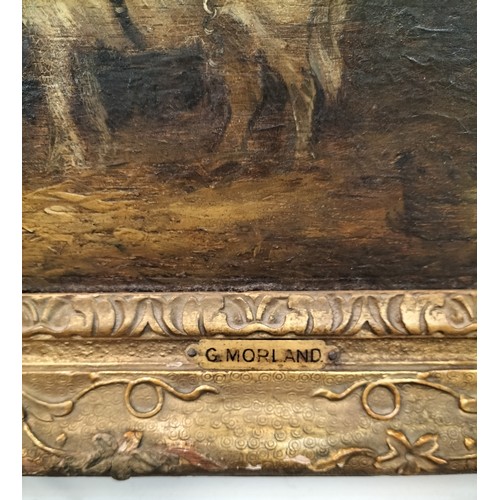 45 - AFTER GEORGE MORLAND (British, 1763-1804), oil on panel, gilt wood framed, 'Donkey in stable interio... 