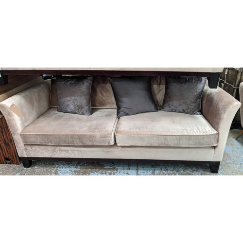 387 - SOFA, mushroom velvet upholstery, stained pine frame, complete with scatter cushions, 78cm H x 220cm... 