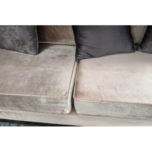 387 - SOFA, mushroom velvet upholstery, stained pine frame, complete with scatter cushions, 78cm H x 220cm... 