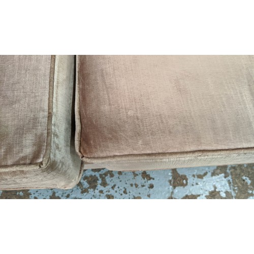 387 - SOFA, mushroom velvet upholstery, stained pine frame, complete with scatter cushions, 78cm H x 220cm... 
