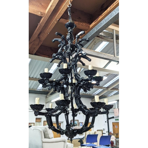 379 - CHANDELIER, sixteen branch, black glass design.