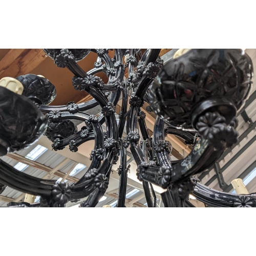 379 - CHANDELIER, sixteen branch, black glass design.