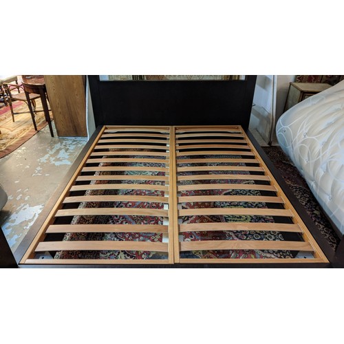 375 - FOUR POSTER BED, contemporary dark wood design with slatted base, 180cm W.