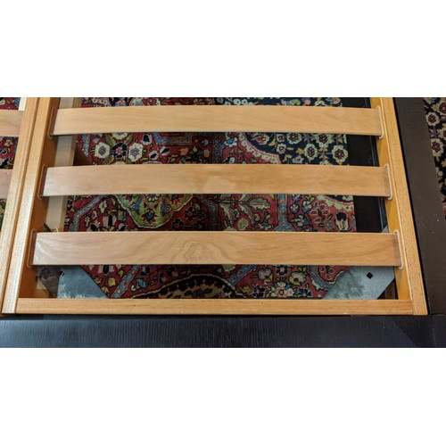 375 - FOUR POSTER BED, contemporary dark wood design with slatted base, 180cm W.