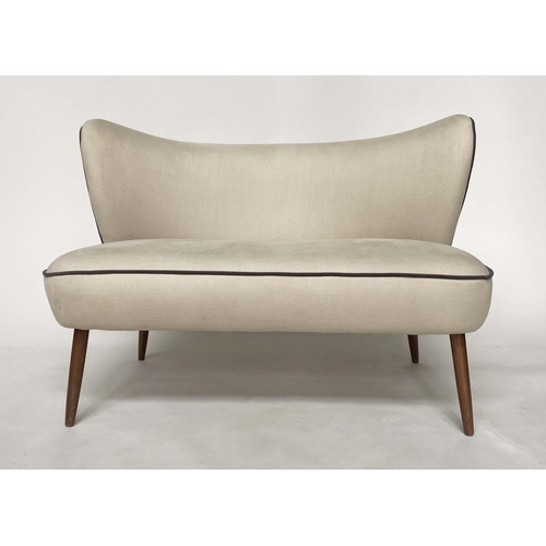 373 - SOFA, 1950s Italian style, grey linen and contrast  black piping with out swept teaks supports, 115c... 
