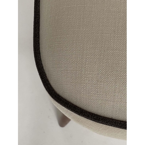 373 - SOFA, 1950s Italian style, grey linen and contrast  black piping with out swept teaks supports, 115c... 