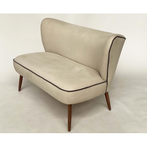 373 - SOFA, 1950s Italian style, grey linen and contrast  black piping with out swept teaks supports, 115c... 