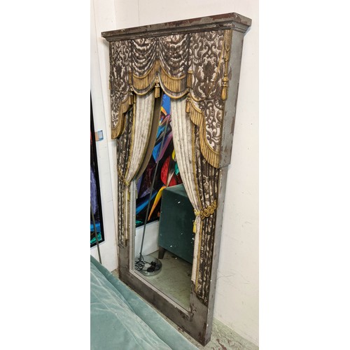 395 - ARCHITECTURAL WALL MIRROR, 201cm H x 104cm W x 16cm D, with faux curtain detail frame.