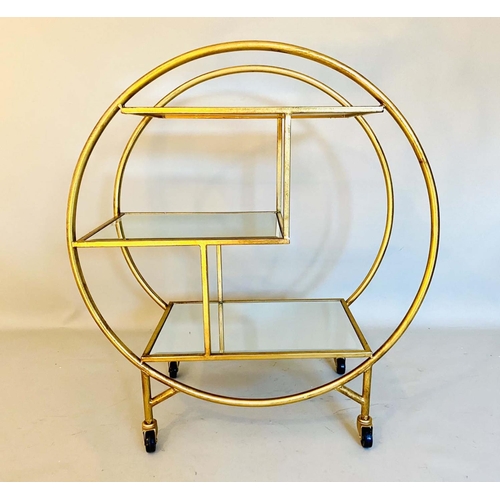 396 - COCKTAIL TROLLEY, 93cm H x 82cm W x 37cm D, Art Deco style, mirrored glass shelves, gilt metal frame... 