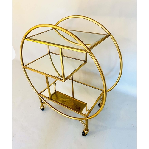 396 - COCKTAIL TROLLEY, 93cm H x 82cm W x 37cm D, Art Deco style, mirrored glass shelves, gilt metal frame... 