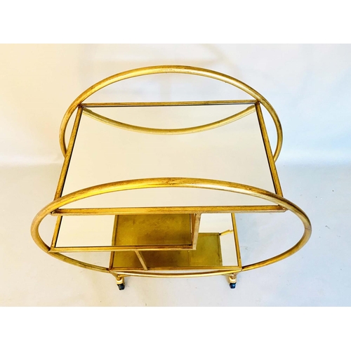 396 - COCKTAIL TROLLEY, 93cm H x 82cm W x 37cm D, Art Deco style, mirrored glass shelves, gilt metal frame... 