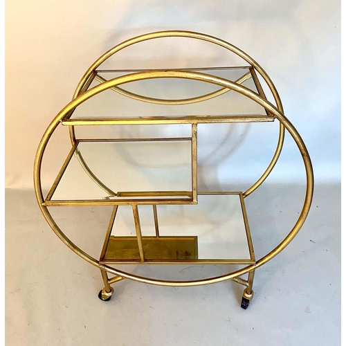 396 - COCKTAIL TROLLEY, 93cm H x 82cm W x 37cm D, Art Deco style, mirrored glass shelves, gilt metal frame... 