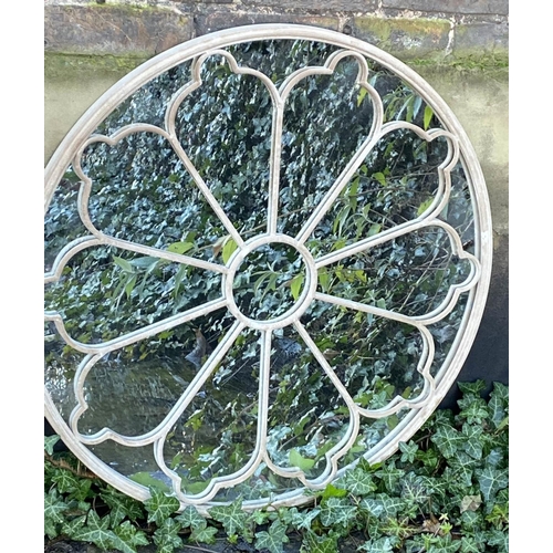 400 - ARCHITECTURAL GARDEN MIRRORS, a pair, 80cm diam., Regency style, white painted aged metal frames. (2... 