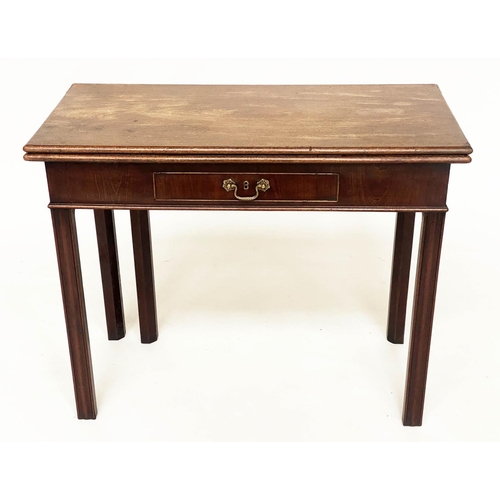 142 - TEA TABLE, George III mahogany, foldover with drawer and channelled supports, 89cm x 44cm x 72cm H.