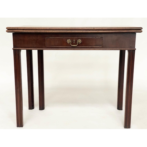 142 - TEA TABLE, George III mahogany, foldover with drawer and channelled supports, 89cm x 44cm x 72cm H.