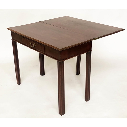 142 - TEA TABLE, George III mahogany, foldover with drawer and channelled supports, 89cm x 44cm x 72cm H.