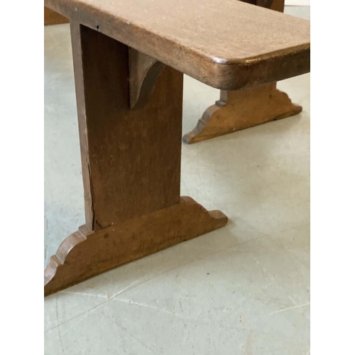 138 - REFECTORY BENCHES, a pair, solid oak rectangular with joined trestle slab supports, 194cm x 40cm D x... 