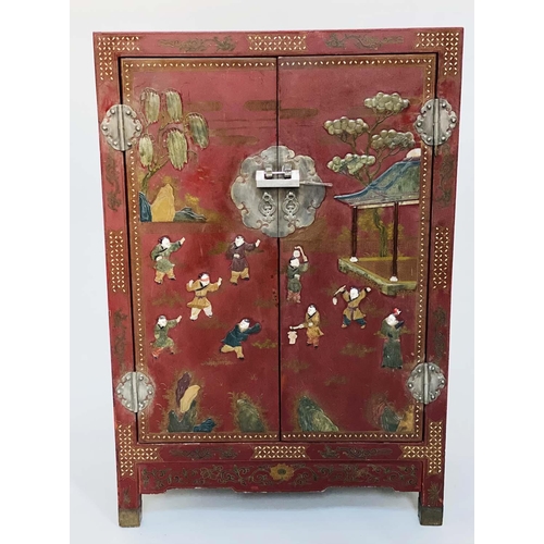 132 - CHINESE SIDE CABINET, early 20th century scarlet lacquered and silvered metal with figures in landsc... 